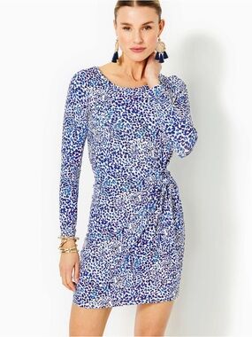 Lilly Pulitzer BRYSON LONG SLEEVE BLUE LEOPARD RESORT WHITE TWISTED UP DRES XL